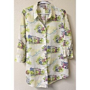 Chicos 100% Linen Top No Iron Atlantic Buildings Travel Blouse Career Nautical